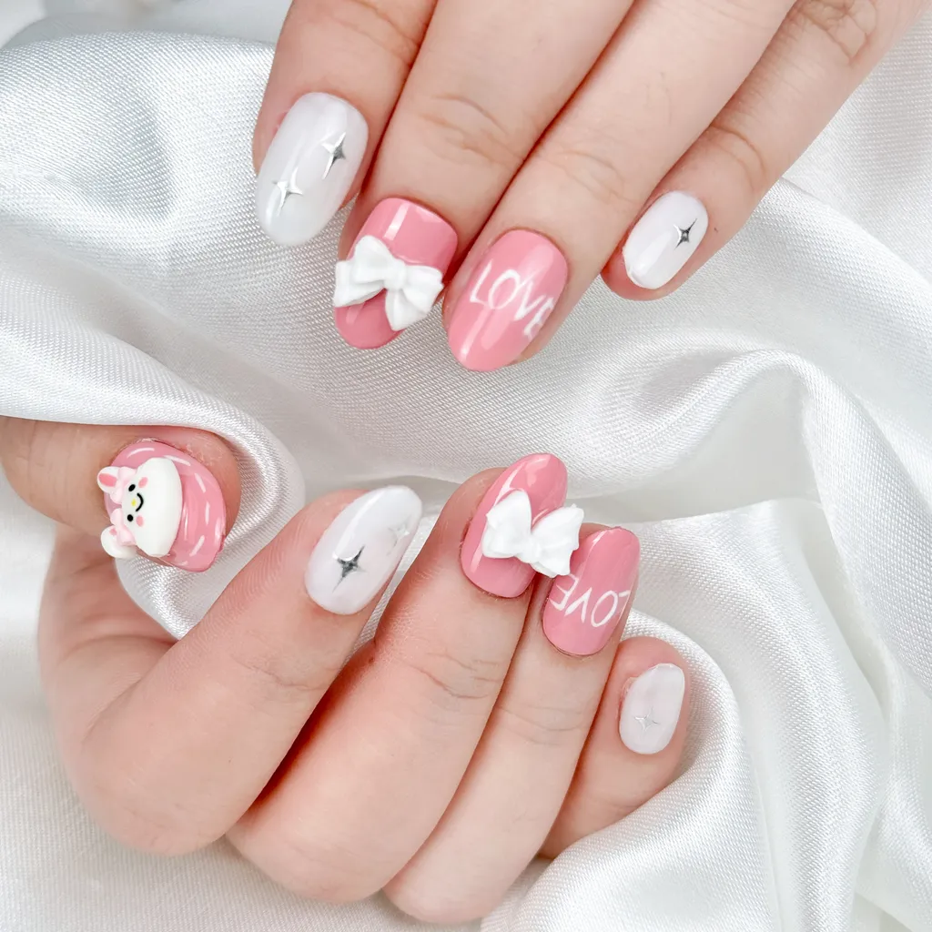 [M142] Nailbox thiết kế thỏ hồng nơ trắng
