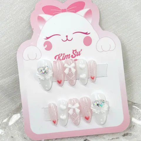 [M117] Nailbox trắng hồng đính nơ