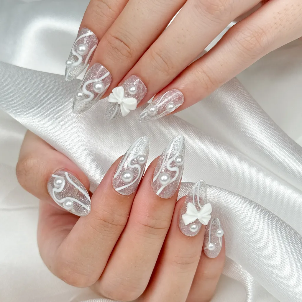 [M100] Nailbox trắng nhũ flash đính ngọc trai