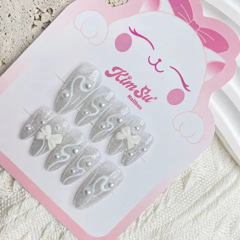 [M100] Nailbox trắng nhũ flash đính ngọc trai