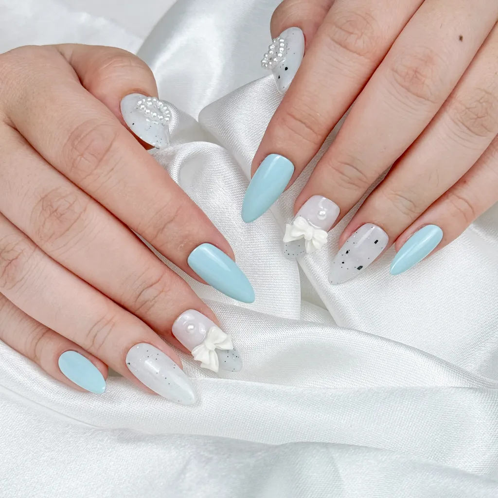 [M066] Nailbox xanh nhũ đính nơ