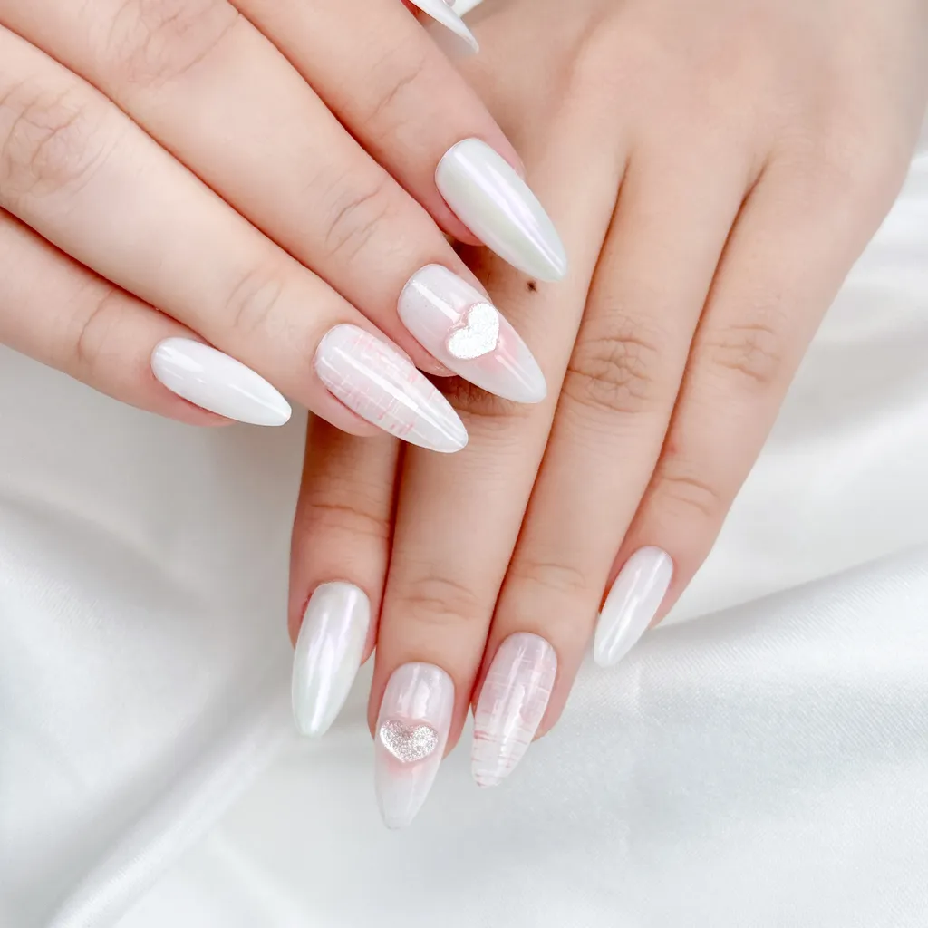 [M123] Nailbox hồng pastel trắng đính trái tim
