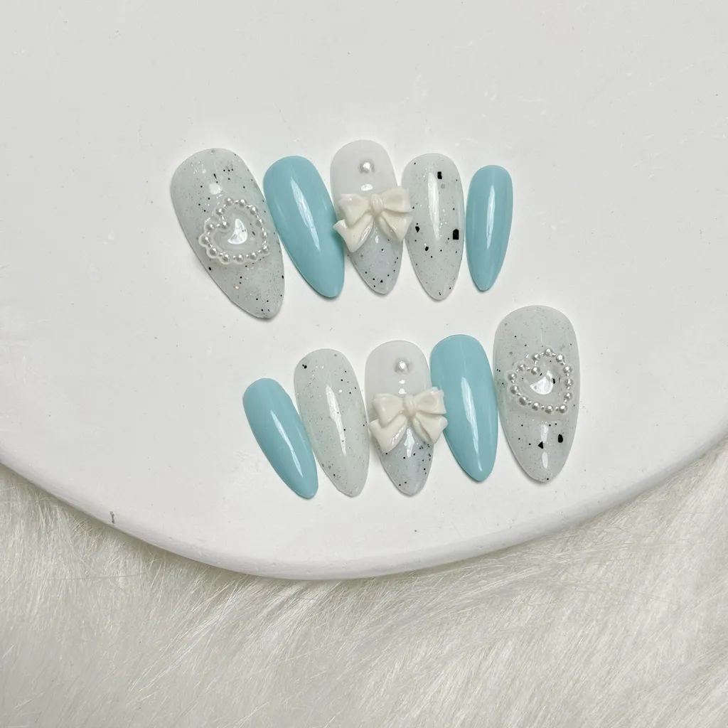 [M066] Nailbox xanh nhũ đính nơ