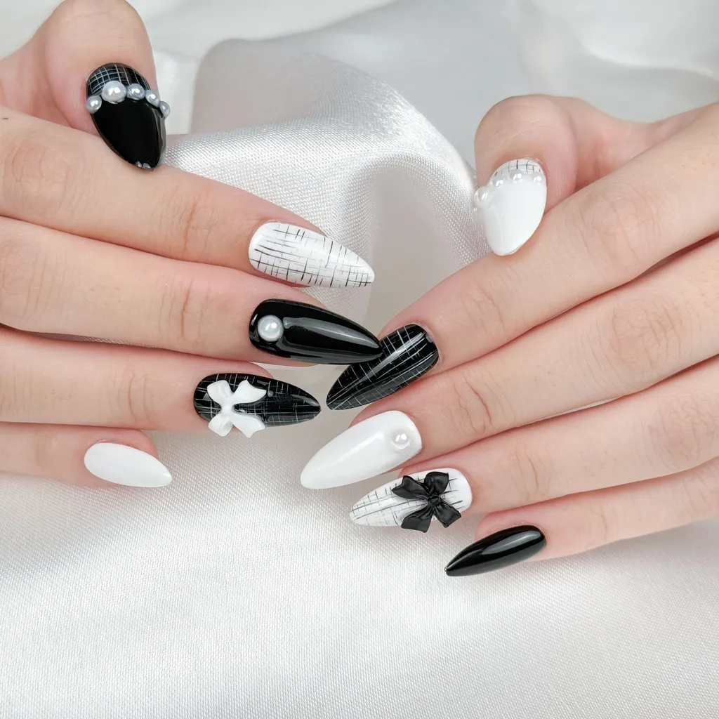 [M016] Nailbox sơn gel trắng đen đính nơ xinh xắn