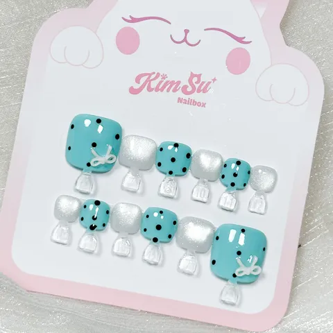 [M269] Nailbox chân màu Tiffany đính nơ chấm bi