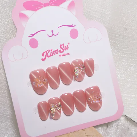 [M046] Nailbox hồng mắt mèo nơ