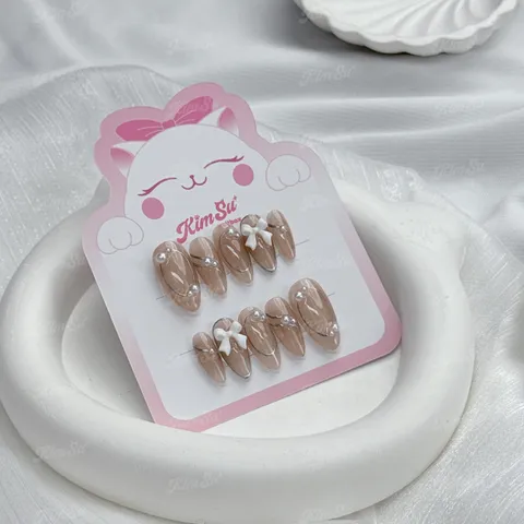 [M041] Nailbox sơn gel thạch nâu charm nơ đáng yêu