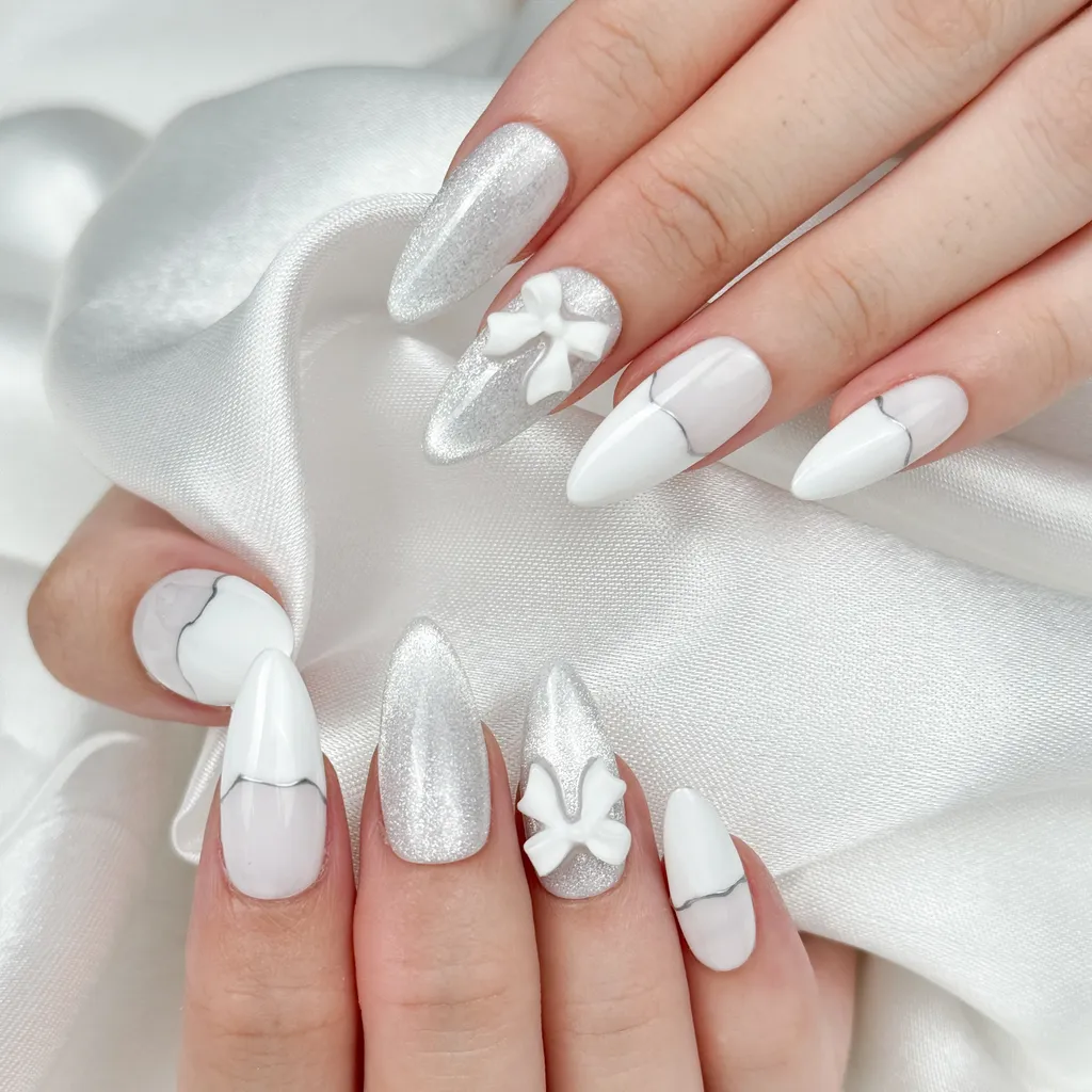 [M055] Nailbox trắng gạo mix mắt mèo đính nơ