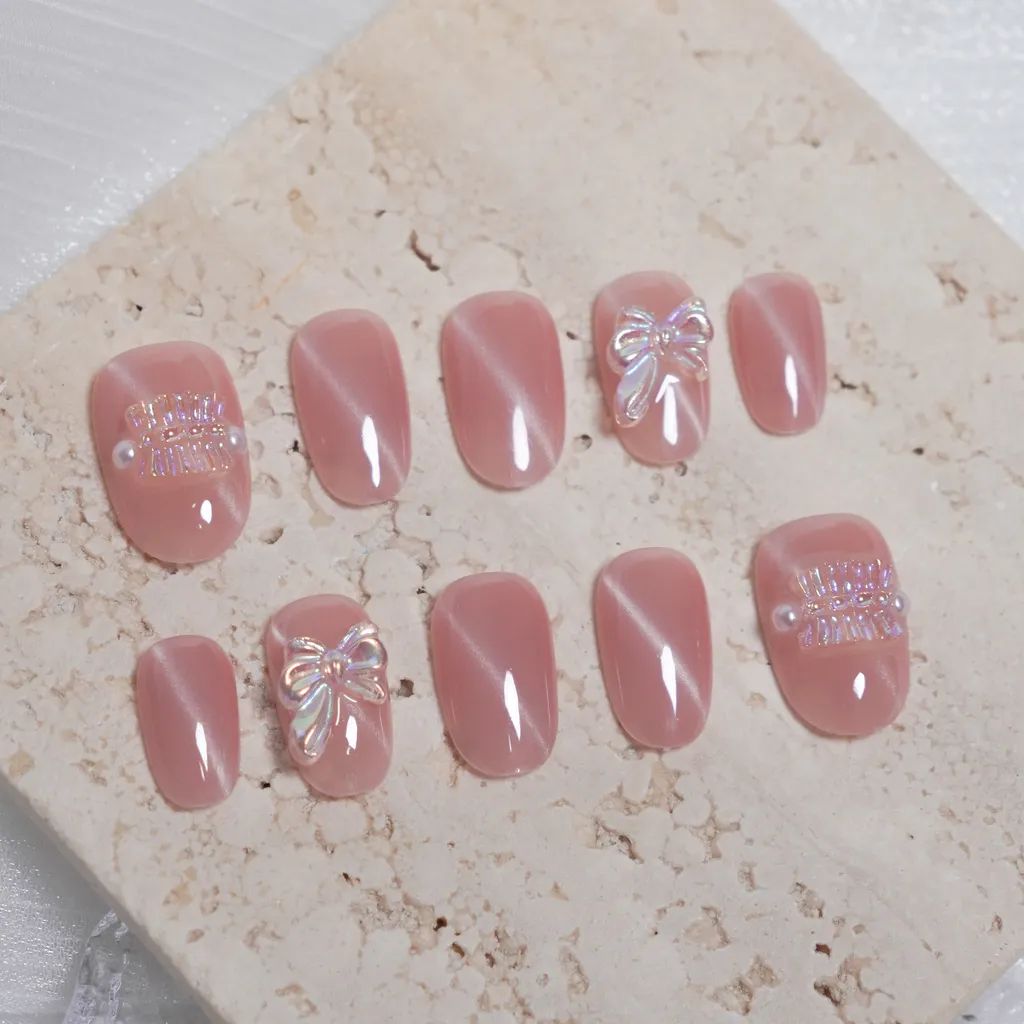 [M046] Nailbox hồng mắt mèo nơ