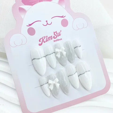 [M055] Nailbox trắng gạo mix mắt mèo đính nơ