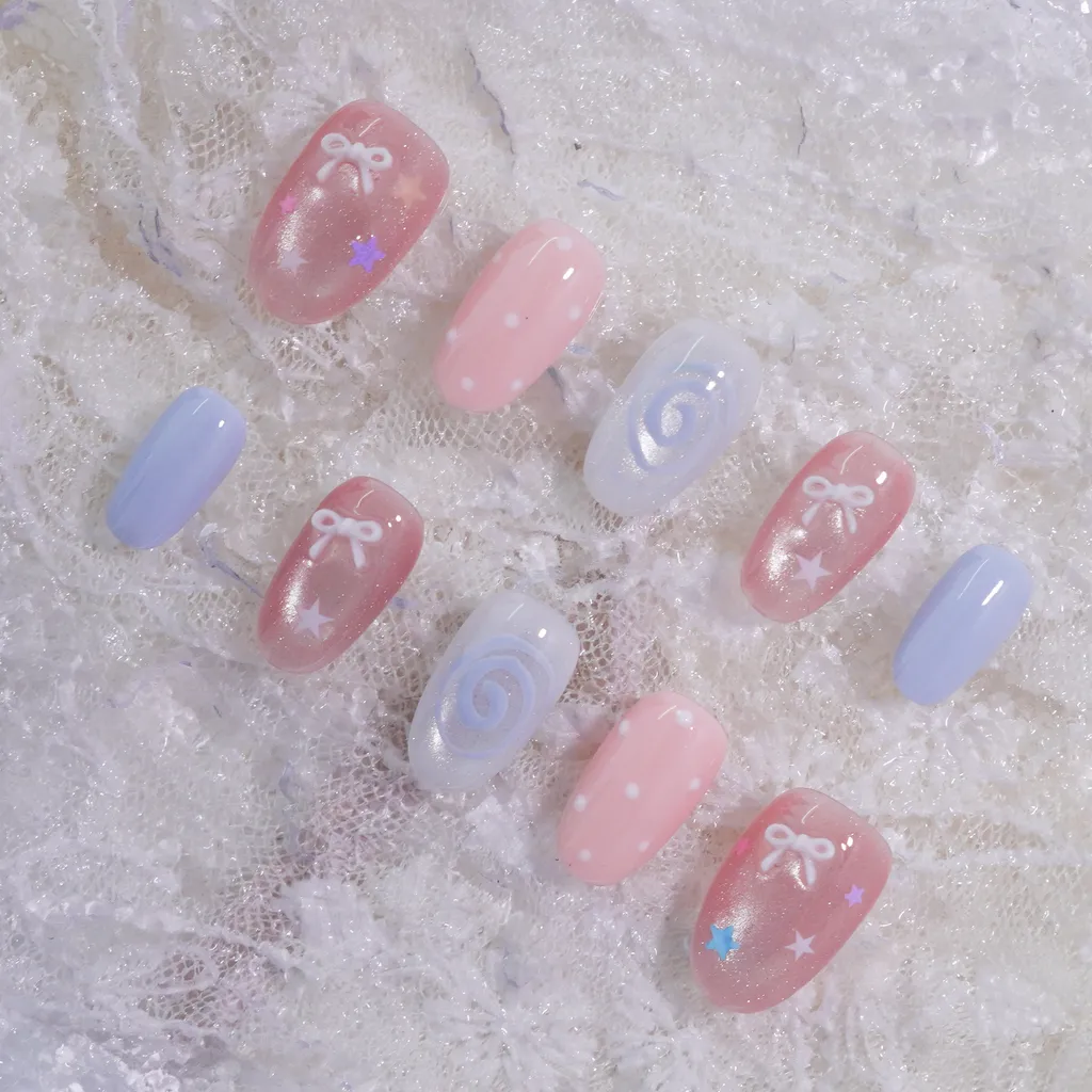 [M274] Nailbox mắt mèo đính nơ vẽ họa tiết dễ thương