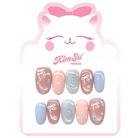 [M274] Nailbox mắt mèo đính nơ vẽ họa tiết dễ thương