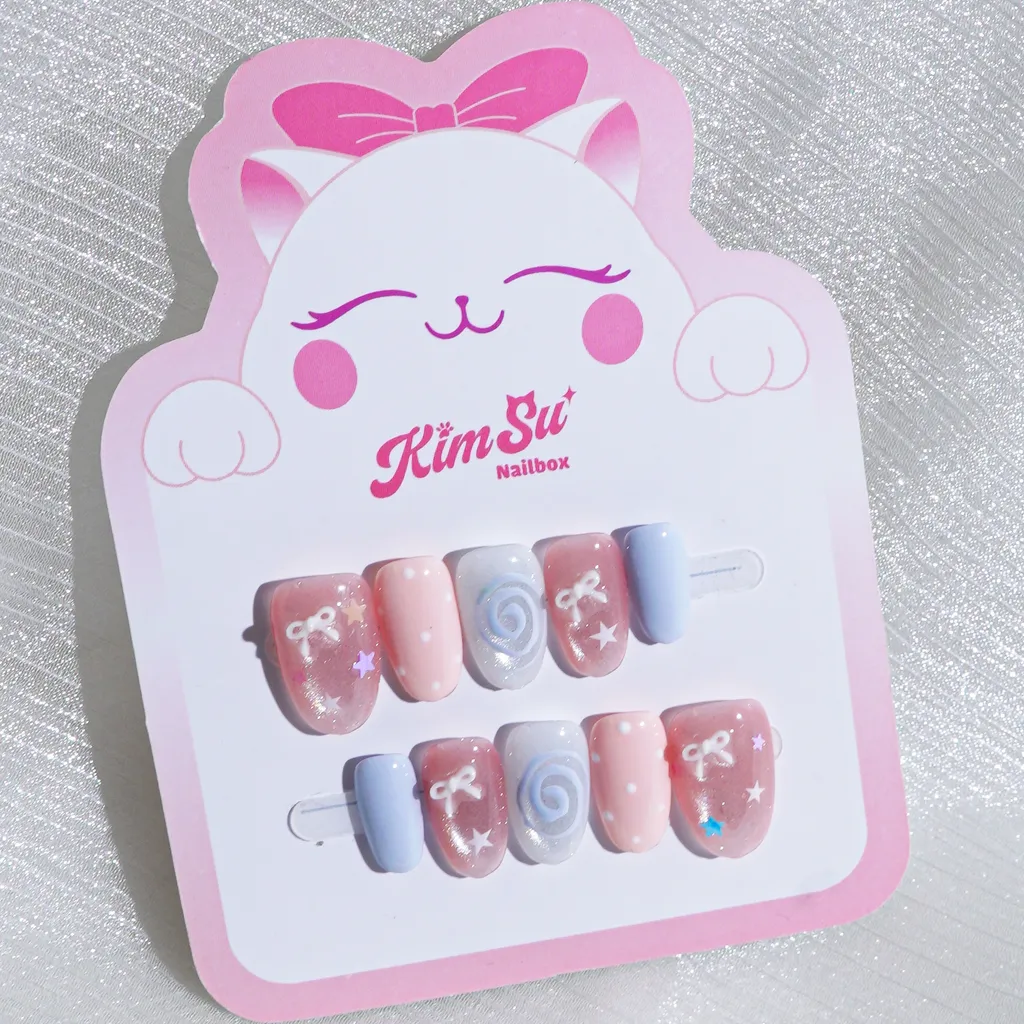 [M274] Nailbox mắt mèo đính nơ vẽ họa tiết dễ thương