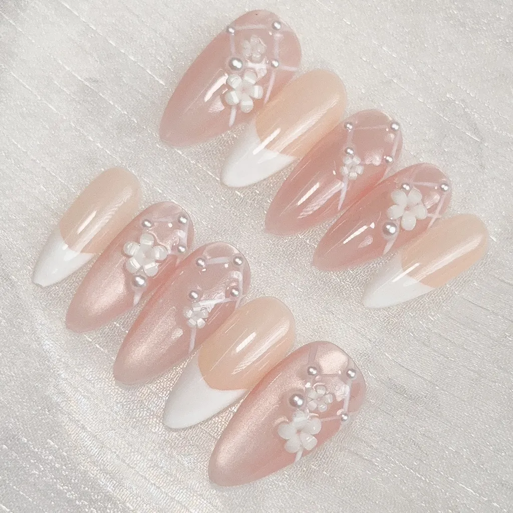[M281] Nailbox thạch hồng mắt mèo hoa nổi kết ngọc trai