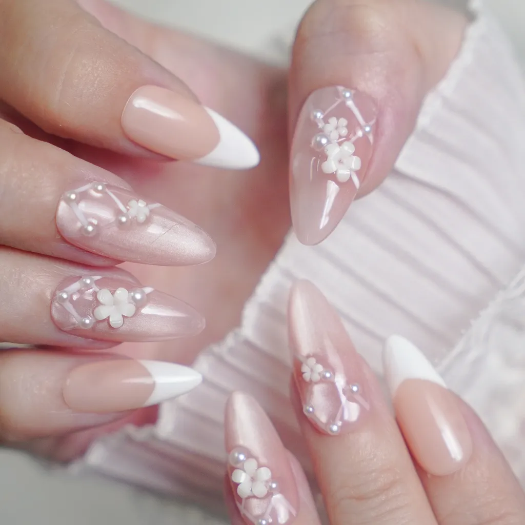 [M281] Nailbox thạch hồng mắt mèo hoa nổi kết ngọc trai