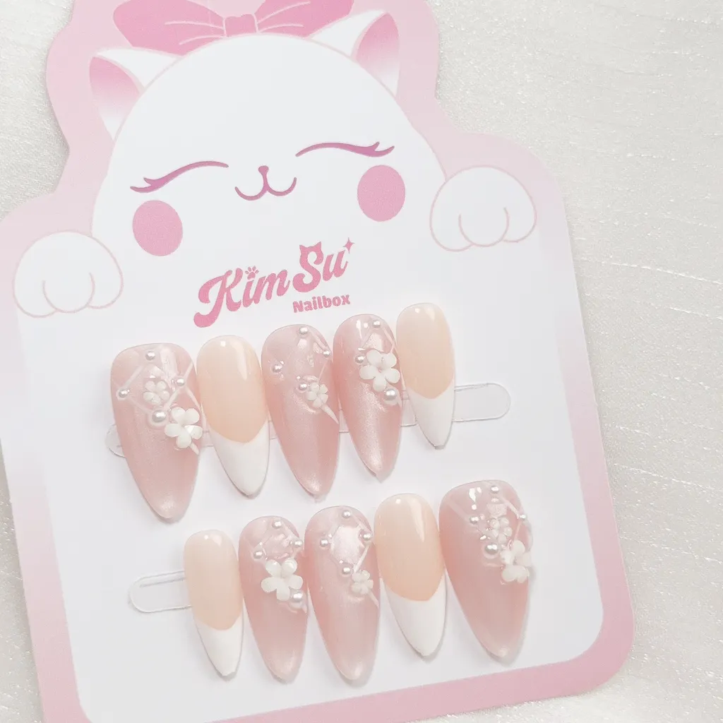 [M281] Nailbox thạch hồng mắt mèo hoa nổi kết ngọc trai