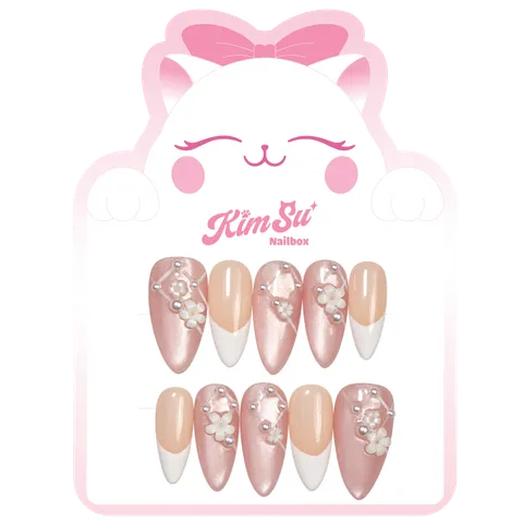 [M281] Nailbox thạch hồng mắt mèo hoa nổi kết ngọc trai